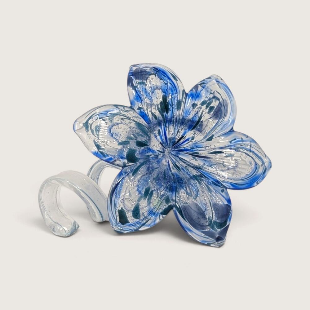 Vintage Blue Art Glass Flower Figurine Paperweight Scrolled Stem